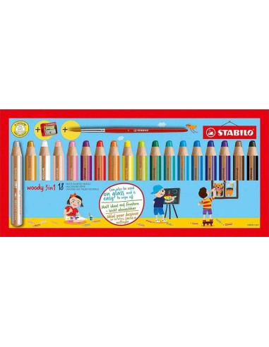 Stabilo Woody 3 em 1 Pack de 18 Lápis de Cor + Apontador + Pincel Nº 8 - Lápis de Cor, Cera e Aquarela, Tudo em Um - Mina XXL 1