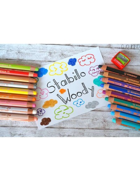 Stabilo Woody 3 em 1 Pack de 18 Lápis de Cor + Apontador + Pincel Nº 8 - Lápis de Cor, Cera e Aquarela, Tudo em Um - Mina XXL 1