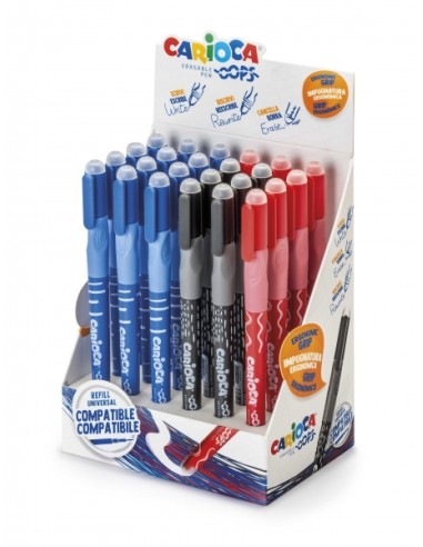 Carioca Oops Expositor de 24 Canetas Apagáveis - Tinta Termossensível - Empunhadura Ergonômica Triangular - Ponta de Ø 0,7mm - 