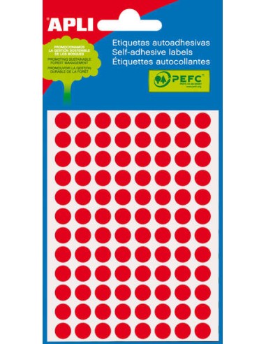 Apli Minibolsa de 288 Etiquetas Redondas Ø 8mm - 3 Folhas com 96 Etiquetas - Adesivo Permanente - Cor Vermelho Fluorescente