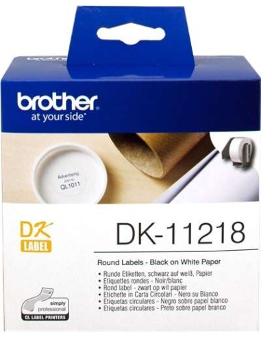 Brother DK11218 - Etiquetas Originais Pré-cortadas Circulares - 24 mm de Diâmetro - 1000 Unidades - Texto preto sobre fundo bra