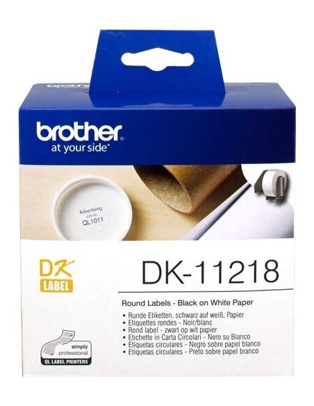 Brother DK11218 - Etiquetas Originais Pré-cortadas Circulares - 24 mm de Diâmetro - 1000 Unidades - Texto preto sobre fundo bra