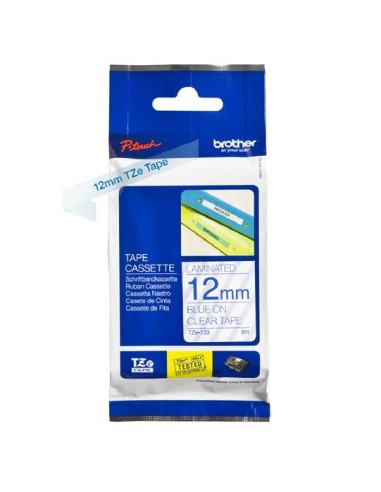 Brother TZe133 Fita Laminada Original de Etiquetas - Texto azul sobre fundo transparente - Largura 12mm x 8 metros