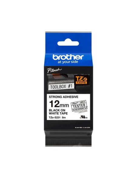 Fita Laminada Super Adesiva Original Brother TZeS231 para Etiquetas - Texto preto sobre fundo branco - Largura 12mm x 8 metros