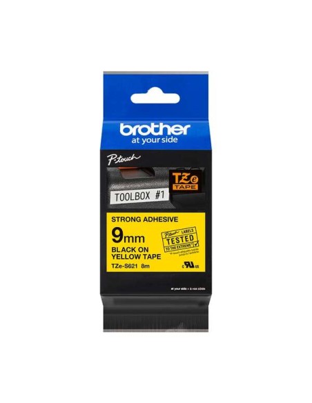 Brother TZeS621 Fita Laminada Super Adesiva Original de Etiquetas - Texto preto sobre fundo amarelo - Largura 9mm x 8 metros