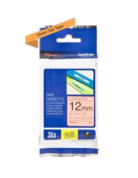 Brother TZeB31 Fita Laminada Fluorescente Original de Etiquetas - Texto preto sobre fundo laranja - Largura 12mm x 5 metros