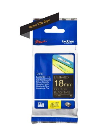 Fita Laminada Original Brother TZe344 de Etiquetas - Texto dourado sobre fundo preto - Largura 18mm x 8 metros