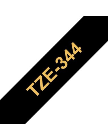 Fita Laminada Original Brother TZe344 de Etiquetas - Texto dourado sobre fundo preto - Largura 18mm x 8 metros
