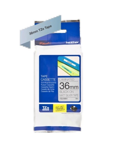 Fita Laminada Metálica Original Brother TZeM961 para Etiquetas - Texto preto sobre fundo prata fosco - Largura 36mm x 8 metros