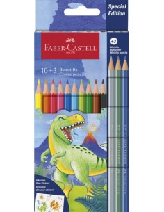 Faber-Castell Edição Dinossauros Pack de 13 Lápis de Cor Hexagonais - 10 Cores Clássicas + 3 Cores Metalizadas - Inclui Autocol