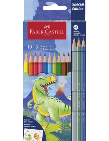 Faber-Castell Edição Dinossauros Pack de 13 Lápis de Cor Hexagonais - 10 Cores Clássicas + 3 Cores Metalizadas - Inclui Autocol