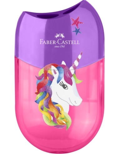 Faber-Castell Unicórnio Apontador de 2 Furos com Depósito - Design Atrativo de Unicórnio - Cor Rosa/Violeta