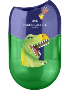 Faber-Castell Apontador Dinossauro de 2 Orifícios com Depósito - Design Atraente de Dinossauro - Cor Verde/Azul