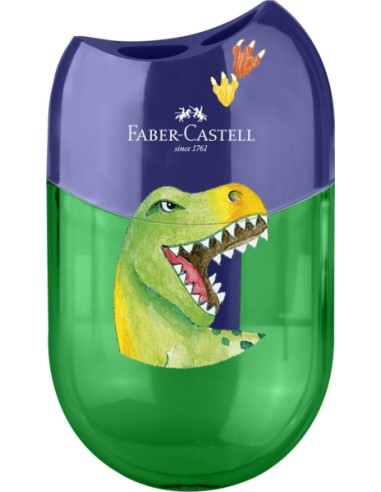 Faber-Castell Apontador Dinossauro de 2 Orifícios com Depósito - Design Atraente de Dinossauro - Cor Verde/Azul