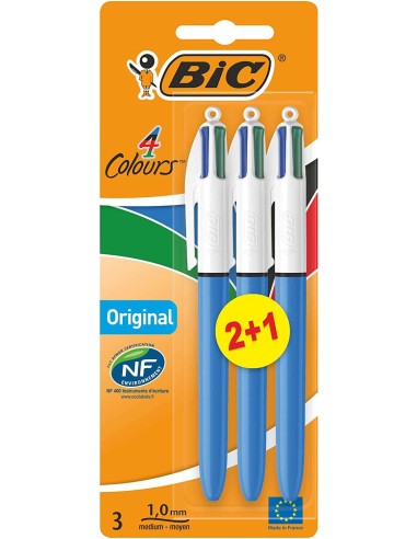 Bic 4 Cores Original Pack de 3 Canetas Esferográficas Retráteis - Ponta Média de 1,0mm - Tinta à Base de Óleo - Corpo Azul/Bran