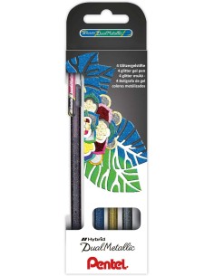 Pentel Hybrid Dual Metallic Pack de 4 Canetas Esferográficas com Tinta Gel Brilhante - Ponta 1mm - Traço 0.5mm - Cores Brilhant