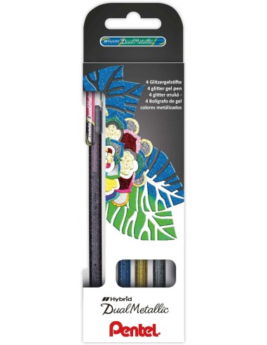 Pentel Hybrid Dual Metallic Pack de 4 Canetas Esferográficas com Tinta Gel Brilhante - Ponta 1mm - Traço 0.5mm - Cores Brilhant