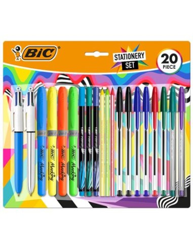 Bic Escrita Multicolor Pack de 20 Peças Variadas - 6 Bic Cristal Original, 2 Bic Cristal Fun, 2 Bic 4 Cores, 3 Bic Intensity Fi
