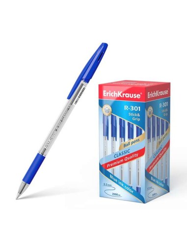 Erichkrause R-301 Stick&Grip Caneta Esferográfica Ponta 1.0mm - Traço 0.5mm - Pega com Grip de Borracha - Tinta de Secagem Rápi