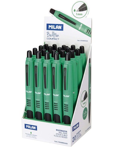 Milan Compact Expositor de 20 Canetas Esferográficas Retráteis - Ponta Redonda 1mm - Corpo Verde/Preto - Cor Verde