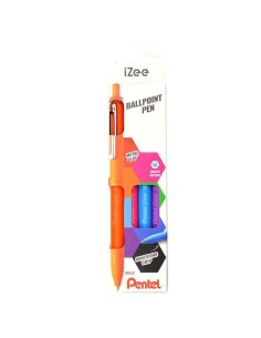 Pentel iZee Pack de 4 Canetas Esferográficas Retráteis - Ponta 0.7mm - Traço 0.35mm - Clipe de Metal - Cores Laranja, Azul Clar