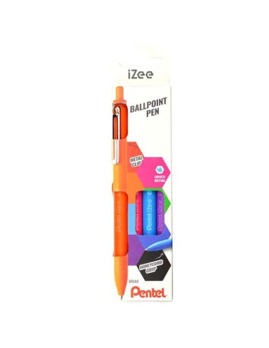 Pentel iZee Pack de 4 Canetas Esferográficas Retráteis - Ponta 0.7mm - Traço 0.35mm - Clipe de Metal - Cores Laranja, Azul Clar