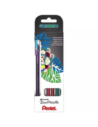 Pentel Hybrid Dual Metallic Pack de 4 Canetas Esferográficas com Tinta Gel Brilhante - Ponta 1mm - Traço 0.5mm - Cores Brilhant