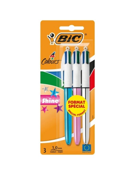Bic 4 Cores Shine Pack de 3 Canetas Esferográficas Retráteis - Ponta de 1mm - Traço de 0.4mm - Tinta à Base de Óleo - Corpo Dou