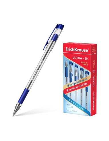 Erichkrause Caneta Ultra-30 - Recarregável com Ponta Fina - Corpo Transparente com Grip de Borracha - Tinta de Secagem Rápida -