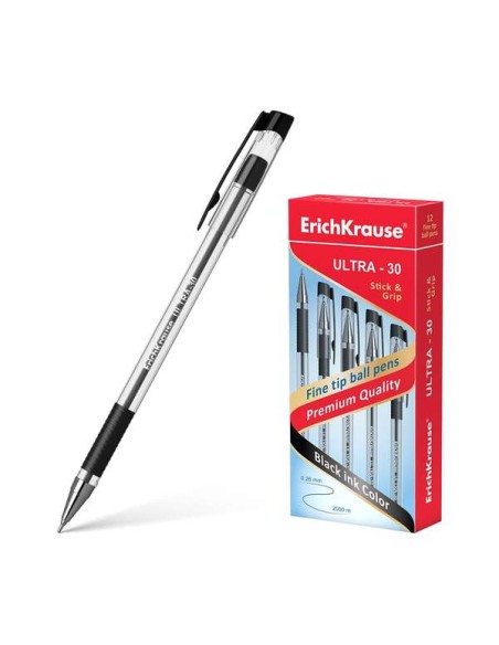 Erichkrause Caneta Ultra-30 - Recarregável com Ponta Fina - Corpo Transparente com Grip de Borracha - Tinta Preta - 2000m de Es