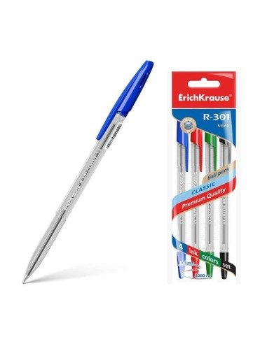 Erichkrause R-301 Pacote de 4 Canetas Esferográficas Ponta 1.0mm - Traço 0.5mm - Tinta de Secagem Rápida - Corpo Transparente -