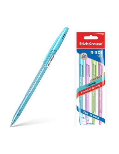 Erichkrause Pack de 4 Canetas R-301 Spring Stick 0.7 - Corpo Hexagonal Translúcido - Tinta de Secagem Rápida - Cor Azul