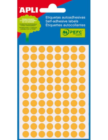 Apli Minibolsa de 288 Etiquetas Redondas Ø 8mm - 3 Folhas de 96 Etiquetas - Adesivo Permanente - Cor Laranja Fluorescente