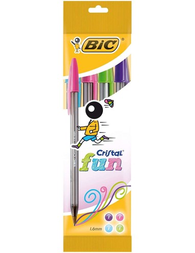 Bic Cristal Fun Pack de 4 Canetas Esferográficas - Ponta Redonda de 1.6mm - Traço 0.42mm - Tinta à Base de Óleo - Cores Sortida