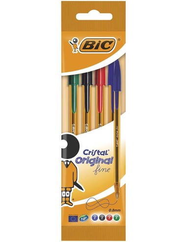 Bic Cristal Original Fine Pack de 4 Canetas Esferográficas - Ponta Redonda de 0.8mm - Traço de 0.30mm - Tinta à Base de Óleo - 