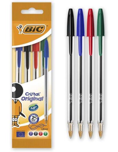 Bic Cristal Original Pack de 4 Canetas Esferográficas - Ponta Redonda de 1.0mm - Traço 0.4mm - Tinta à Base de Óleo - Cores Sor