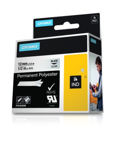 Dymo Rhino ID1-12 Fita de Etiquetas Original para Rotuladora - Texto Preto sobre Fundo Transparente - Largura 12mm x 5.5 metros