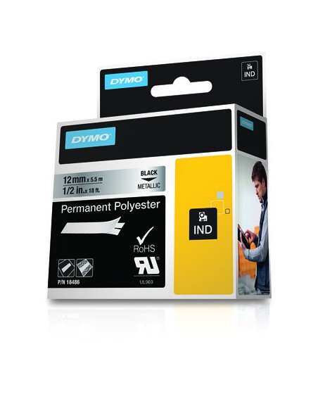 Dymo Rhino ID1-12 Fita de Etiquetas Original para Rotuladora - Texto Preto sobre Fundo Prata - Largura 12mm x 5.5 metros - 1848