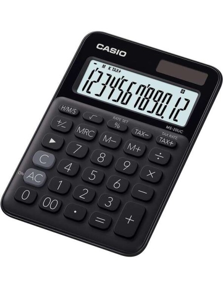 Casio MS-20UC Calculadora de Mesa Pequena - Ecrã LCD de 12 Dígitos - Alimentação Solar e a Pilhas - Cor Preta
