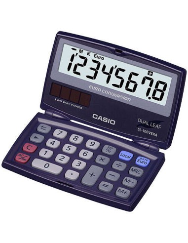 Calculadora de Bolso Tipo Concha Casio SL-100VERA - Ecrã LC Extra Grande de 8 Dígitos - Função Conversor de Euros - Cor Azul Es