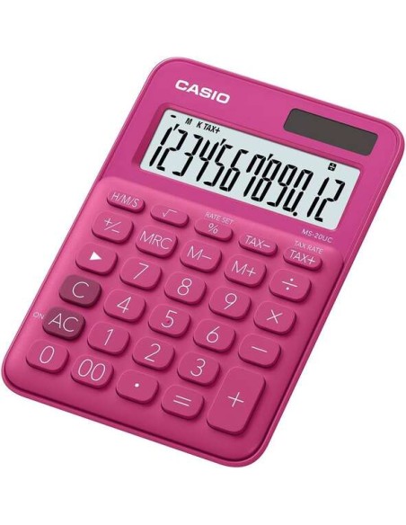 Casio MS-20UC Calculadora de Mesa Pequena - Ecrã LCD de 12 Dígitos - Alimentação Solar e Pilhas - Cor Rosa Fúcsia