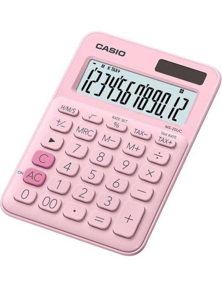 Calculadora de Mesa Pequena Casio MS-20UC - Ecrã LCD de 12 Dígitos - Alimentação Solar e a Pilhas - Cor Rosa