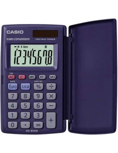 Casio HS-8VERA Calculadora de Bolso com Tampa - Ecrã LC Extra Grande de 8 Dígitos - Função Conversor de Euros - Cor Azul Escuro