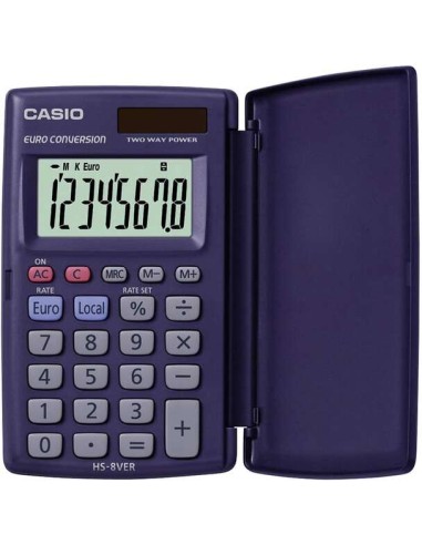 Casio HS-8VERA Calculadora de Bolso com Tampa - Ecrã LC Extra Grande de 8 Dígitos - Função Conversor de Euros - Cor Azul Escuro