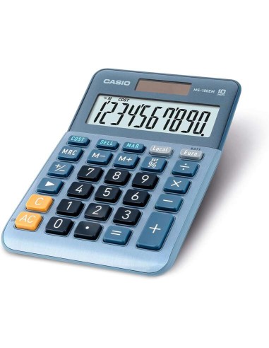 Calculadora de Mesa Pequena Casio MS-100EM - Ecrã LCD de 10 Dígitos - Alimentação Solar e a Pilhas - Cor Azul