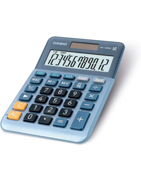 Casio MS-120EM Calculadora de Mesa Pequena - Ecrã LCD de 12 Dígitos - Alimentação Solar e a Pilhas - Cor Azul