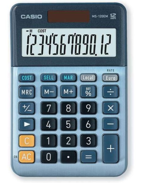 Casio MS-120EM Calculadora de Mesa Pequena - Ecrã LCD de 12 Dígitos - Alimentação Solar e a Pilhas - Cor Azul
