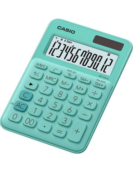 Casio MS-20UC Calculadora de Mesa Pequena - Ecrã LCD de 12 Dígitos - Alimentação Solar e a Pilhas - Cor Verde