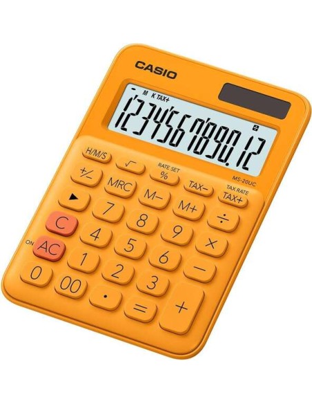 Casio MS-20UC Calculadora de Mesa Pequena - Ecrã LCD de 12 Dígitos - Alimentação Solar e Pilhas - Cor Laranja