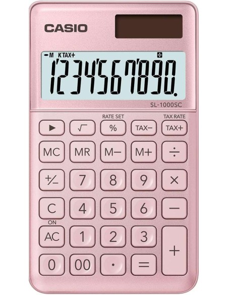 Casio SL-1000SC Calculadora de Bolso - Ecrã Extragrande de 10 Dígitos - Alimentação Solar e a Pilhas - Cor Rosa
